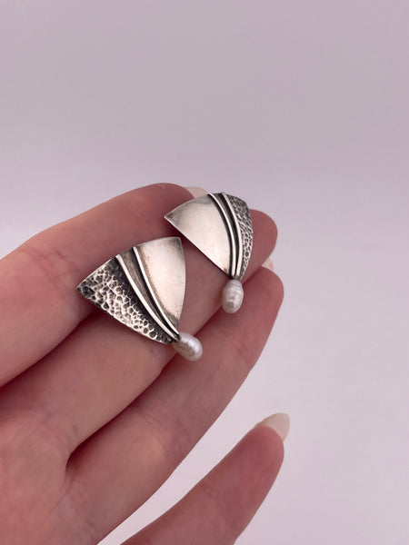 sterling silver textured fan pearl post earrings *non-sterling posts*