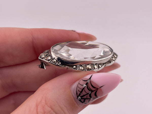 sterling silver faceted glass marcasite brooch pin