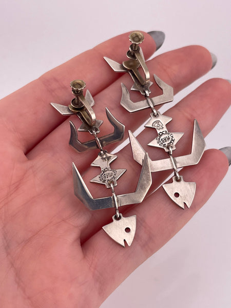 sterling silver 2-3/8" Taxco Mexico fishbone screw-back earrings ***Non-Sterling Screw-Backs***