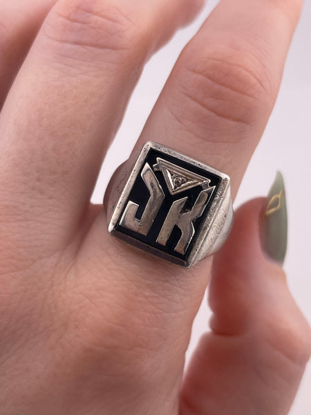 size 9.25 sterling silver "JK" onyx diamond initials ring