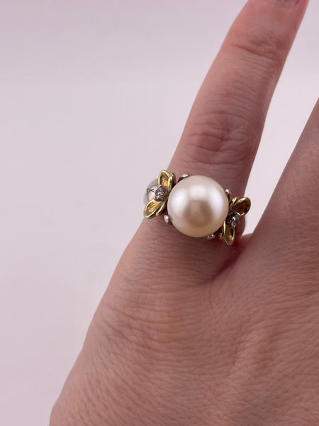 size 5 sterling silver & 18k gold Ann King gold pearl white topaz flower ring