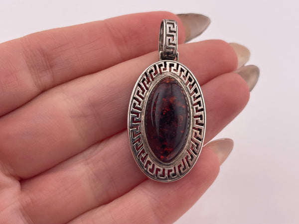 sterling silver synthetic amber Greek Key design pendant
