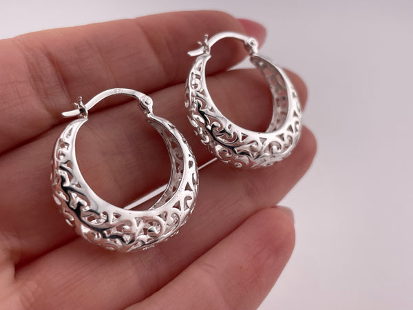 sterling silver cut-out ornate scroll design hoop earrings