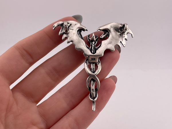 sterling silver skull sword staff serpents wings pendant