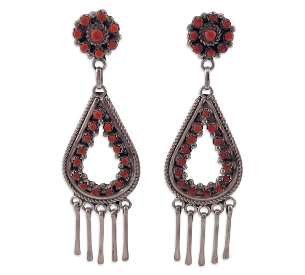 sterling silver Zuni signed DC coral snake eye cluster post dangle earrings