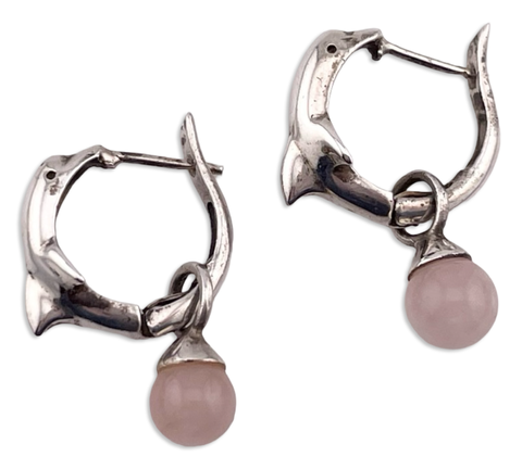 sterling silver rhodium plated dolphin hinge hoops with rose quartz enhancers earrings