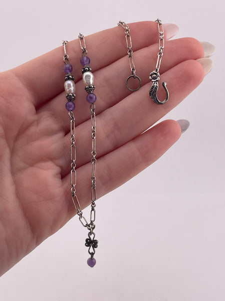 sterling silver 16" amethyst & pearl beaded necklace