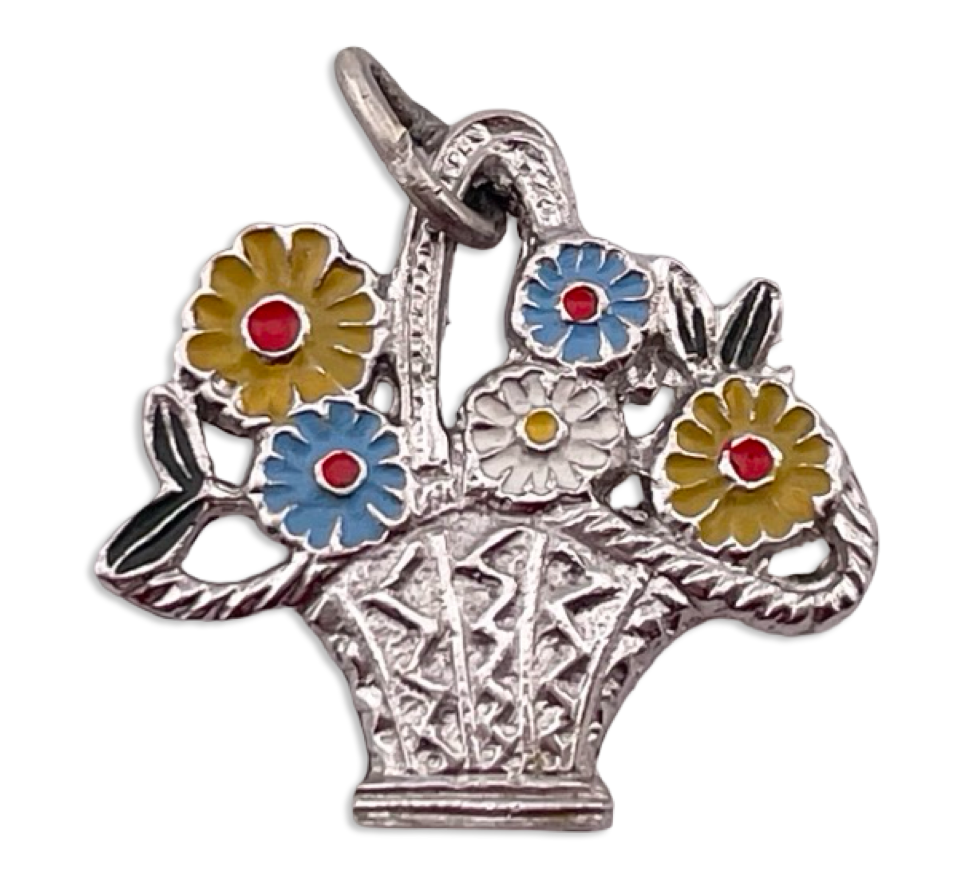 sterling silver rhodium plated basket of flowers pendant