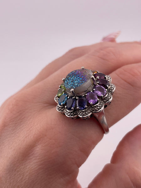 size 9.25 sterling silver faced multi-gemstone druzy doublet heart design ring