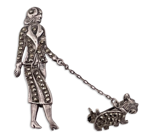 sterling silver marcasite woman walking dog brooch pin