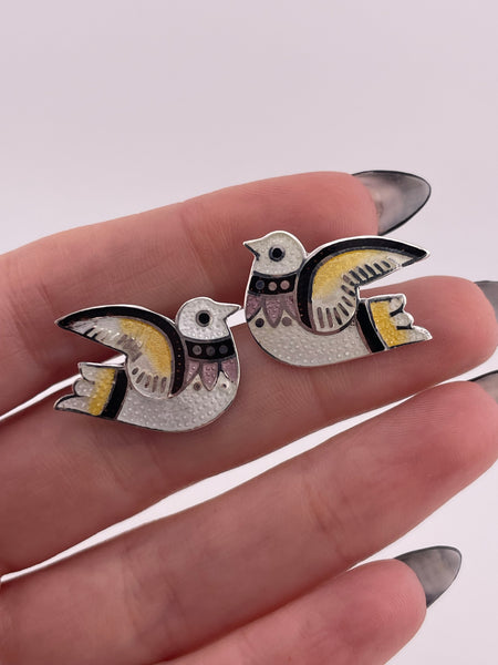 980 silver yellow & white enamel bird post earrings