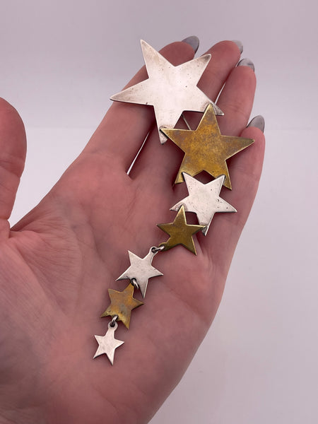 sterling silver & brass large Mexican stars dangle brooch pin