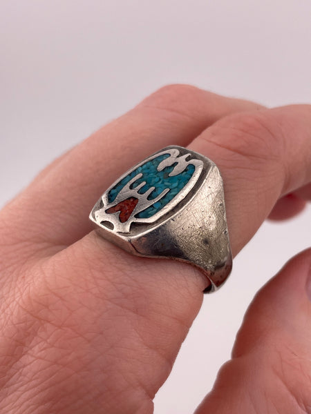 size 10 sterling silver crushed turquoise & coral peyote bird ring