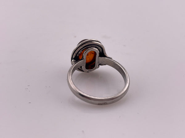 size 6.75 sterling silver oval amber leaf detail ring