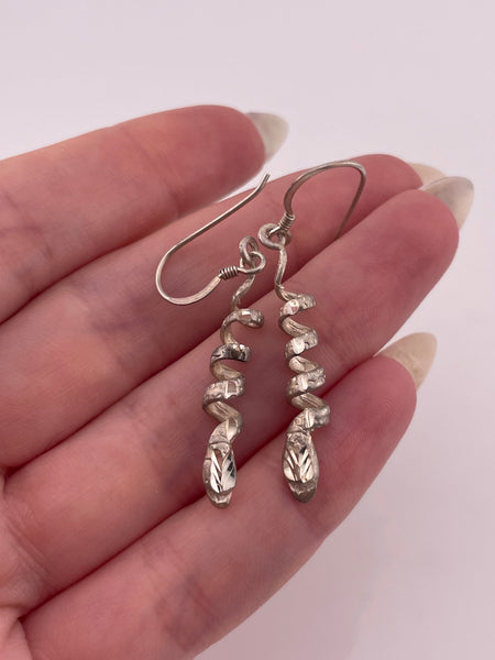 sterling silver coiled etched snake hook dangle earrings
