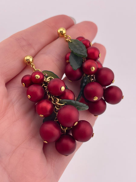 costume gold tone red grape fruit post dangle earrings