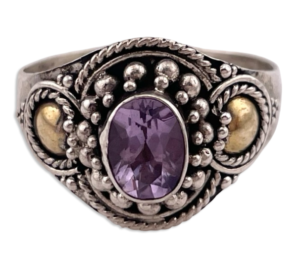 size 7.5 sterling silver faceted amethyst gold wash detail ring