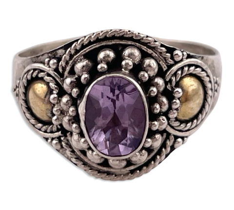 size 7.5 sterling silver faceted amethyst gold wash detail ring