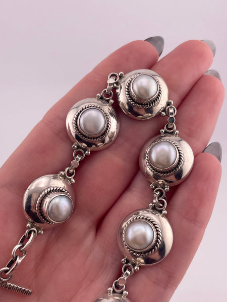 sterling silver 7-1/2" pearl link bracelet