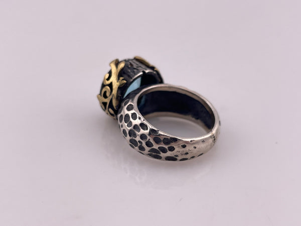 size 6.5 sterling silver & brass Bora faceted blue glass textured ring