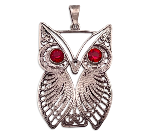 sterling silver owl plastic rhinestone filigree pendant