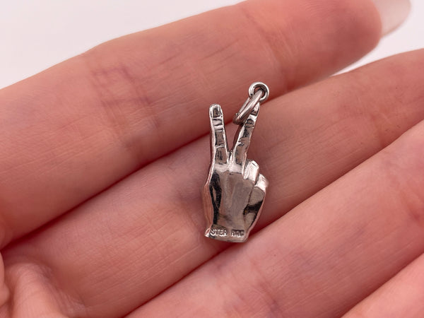 sterling silver rhodium plated peace sign fingers pendant