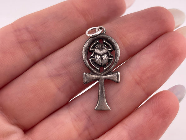 sterling silver Egyptian ankh cross scarab beetle pendant