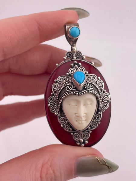 sterling silver synthetic coral turquoise molded plastic face pendant