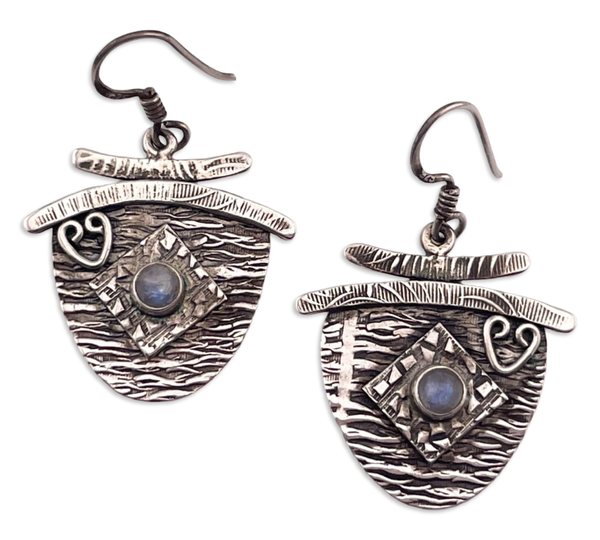 sterling silver rainbow moonstone textured hook dangle earrings