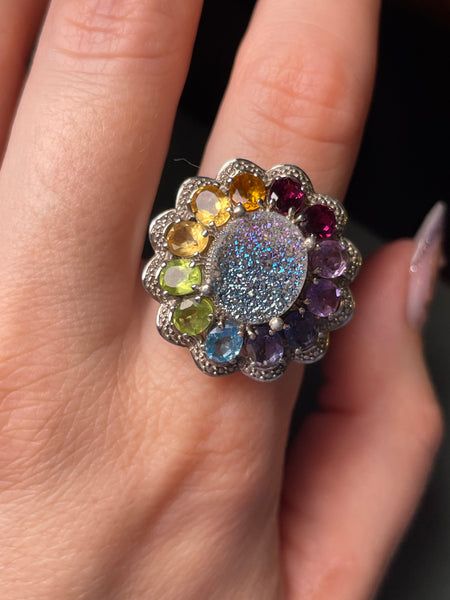 size 9.25 sterling silver faced multi-gemstone druzy doublet heart design ring