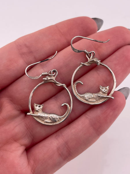 sterling silver cat and mouse hook dangle earrings