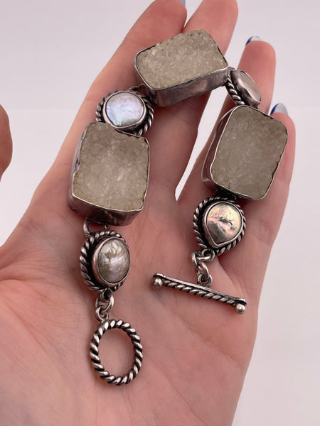sterling silver 7 1/2" designer Echo of the Dreamer druzy quartz pearl t-bar toggle link bracelet