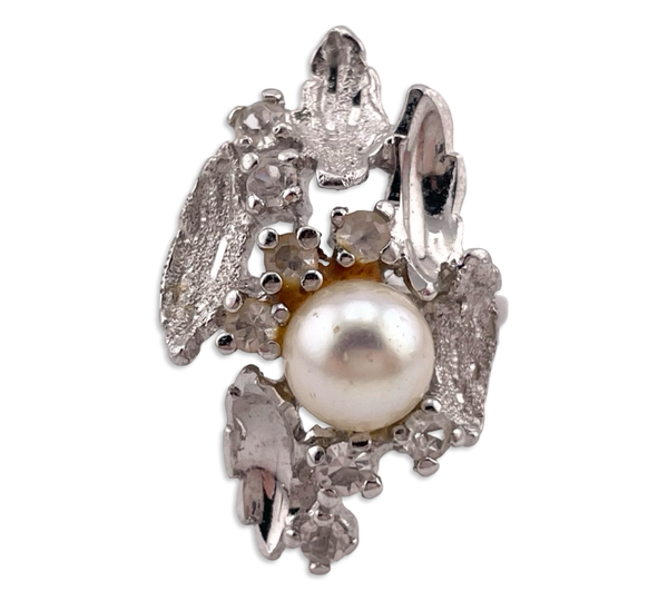 size 6.75 sterling silver rhodium plated rhinestone synthetic pearl ring