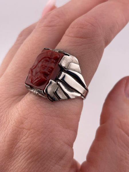 size 9.5 sterling silver rhodium plated molded plastic knight cameo Art Deco style ring