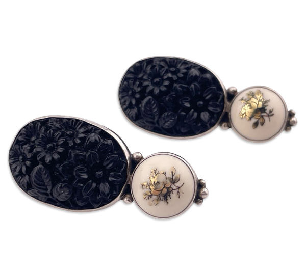 sterling silver molded glass rose image clip-on earrings