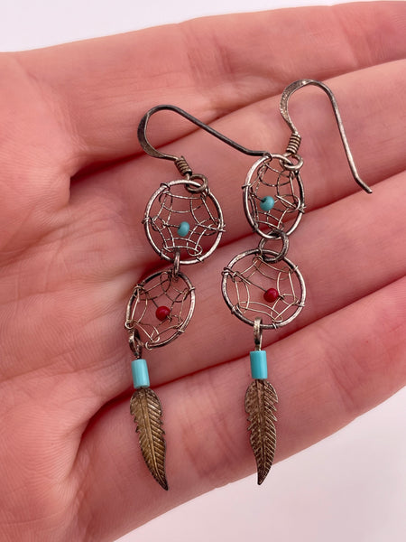 sterling silver synthetic turquoise coral dream catcher hook dangle earrings