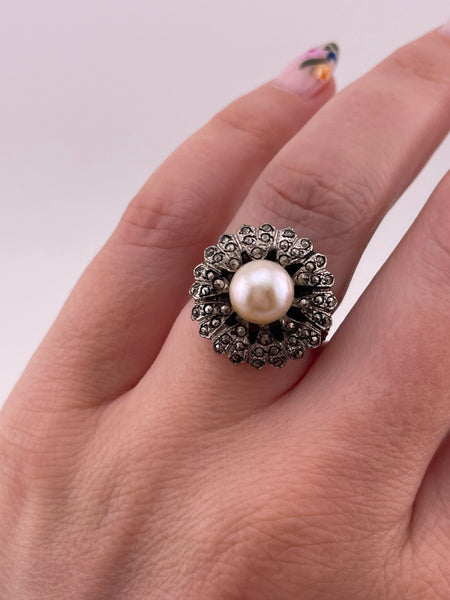 size 6.25 sterling silver rhodium plated marcasite faux pearl ring