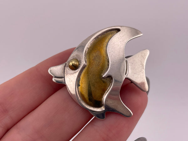 sterling silver & brass Mexican fish brooch pendant