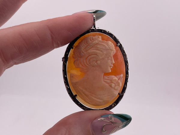 800 silver marcasite carved shell cameo brooch / pendant **AS IS**