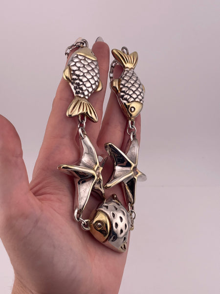 sterling silver & gold wash electroform fish & starfish statement necklace