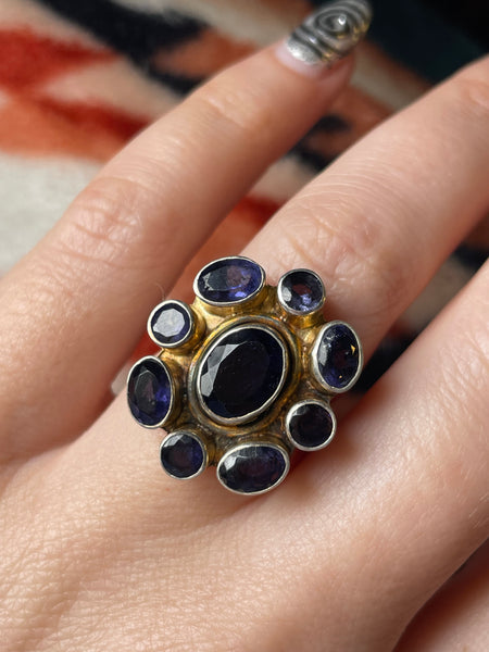 size 6.25 sterling silver gold wash faceted iolite cluster ring