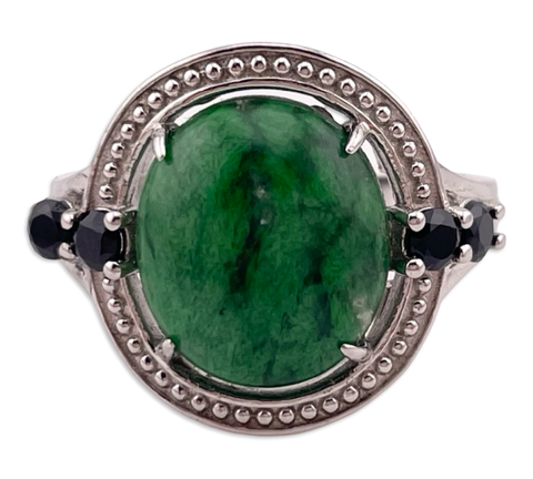 size 9.25 sterling silver rhodium plated green gemstone ring