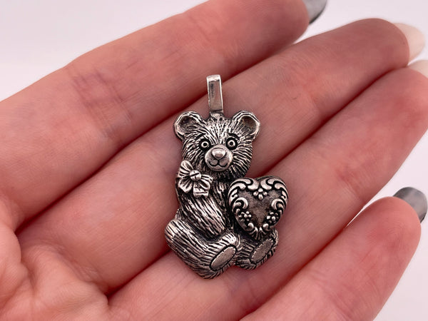 sterling silver teddy bear heart pendant