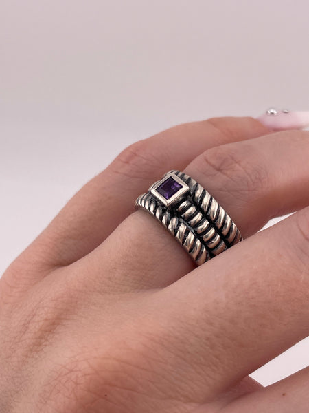 size 6.75 sterling silver wide band faceted amethyst stacked rope ring