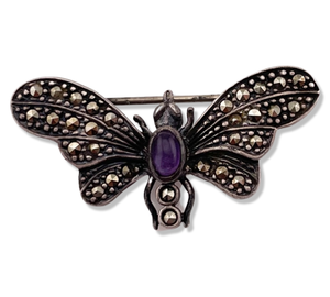 sterling silver marcasite amethyst bug insect brooch pin