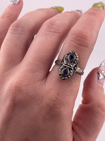 size 7.75 sterling silver faceted amethyst marcasite ring