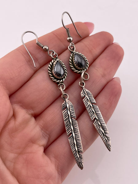 sterling silver hematite feather dangle earrings *non-sterling hooks*