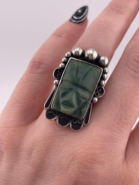 size 6.75 sterling silver carved Mexican jade face ring