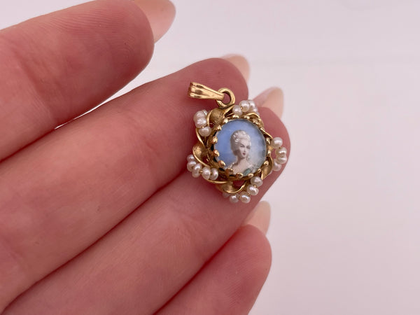 14k yellow gold seed pearl woman portrait pendant