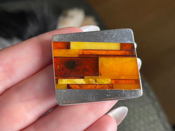 sterling silver multi-color amber inlay brooch pin